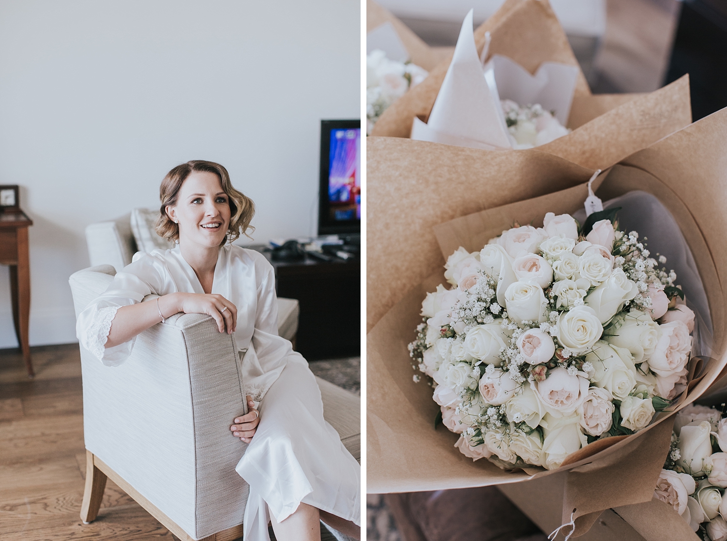 bridesmaid and wedding bouquets on wedding morning