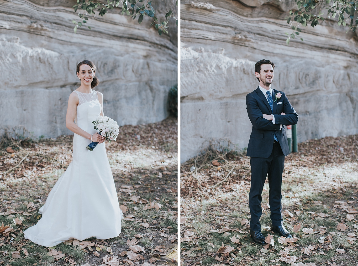bride and groom in the rocks