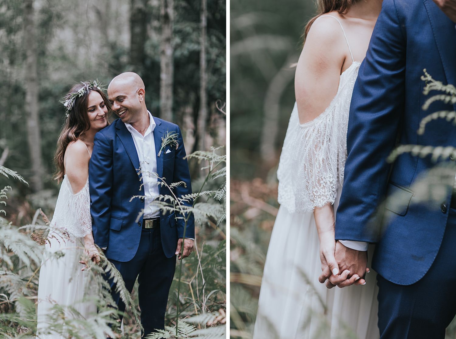 bohemian bride and groom in the forest
