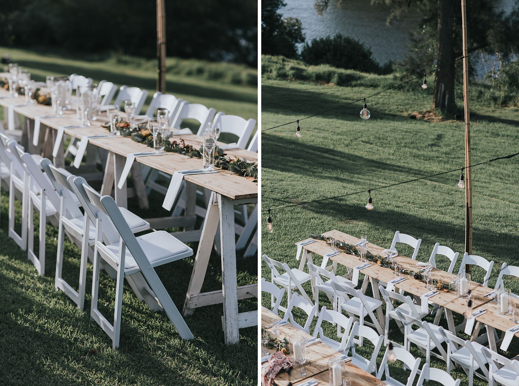 rustic wooden tables at wedding reception under the stars