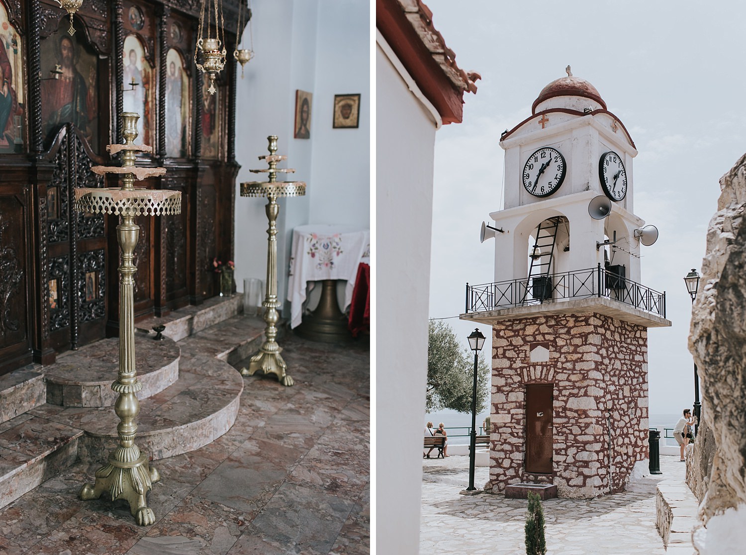 bell tower and gold candle stands in orthodox church in skiathos