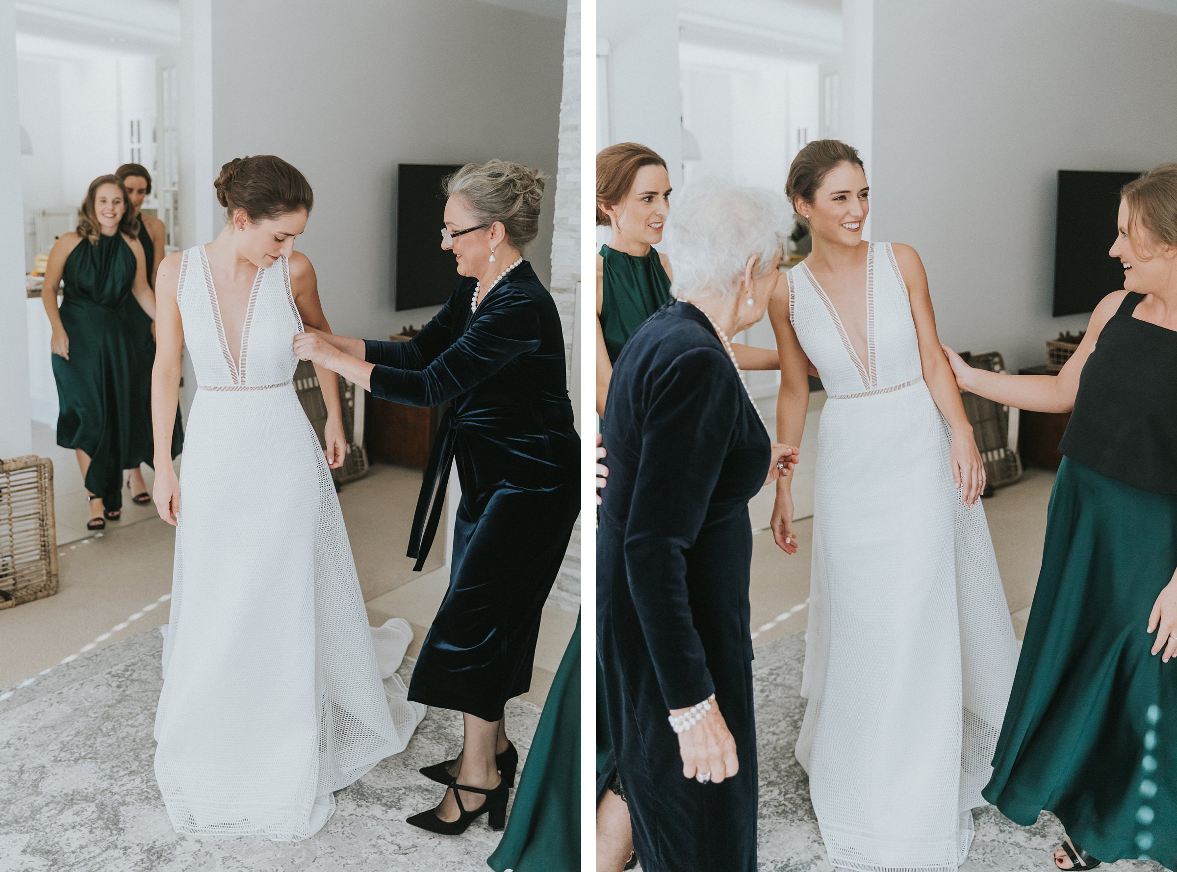 bride getting into her wedding dress with her mum and grandmother