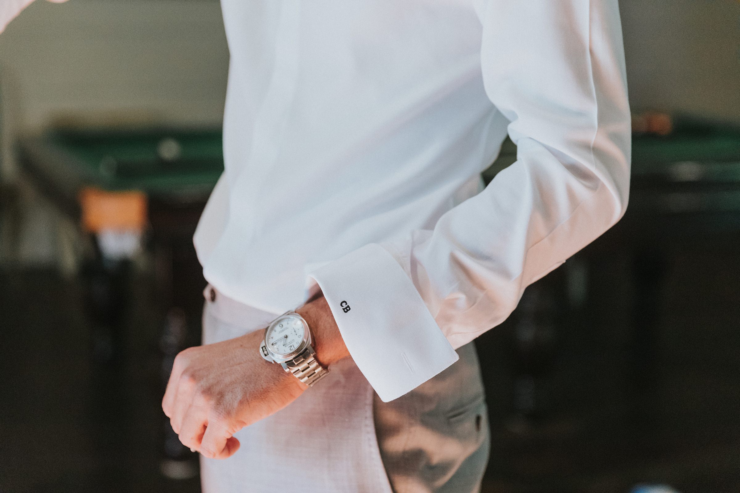 wedding shirt details with initials embroidered on cuff