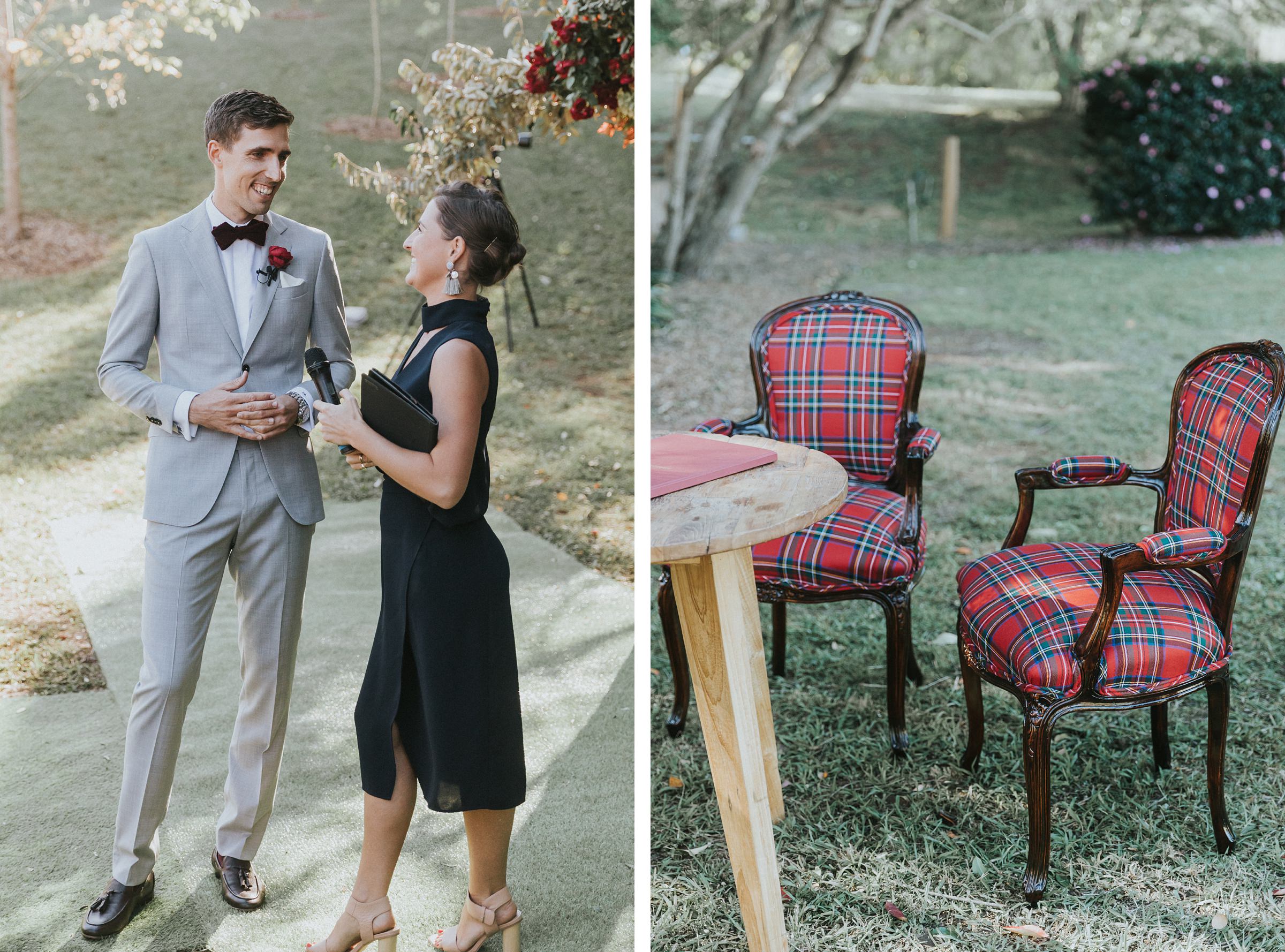 groom waits for his bride to arrive at the ceremony beside heirloom chairs